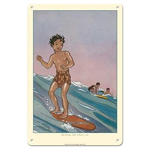 Surfing Boys - Book Cover Plate from Kala of Hawaii - Illustration by Ninon MacKnight c.1936- Metal Sign