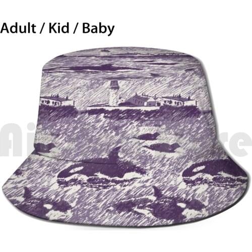 Da Shore Side - Purple Sun Hat Foldable UV Protection Whales Orcas Killer Whale Seals Lighthouse Sea Shoreside