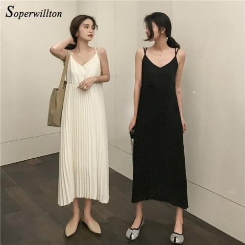Shoulder straps Sexy Long Dress Autumn winter bottoming Pleated Woman Dresses 2020 Black Maxi Robe Casual Femme Sundress