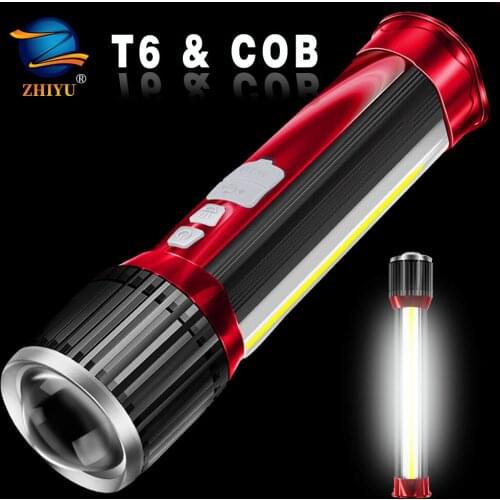 T6 COB LED Flashlight Rotating Telescopic Zoom LED Torch Built-in Rechargeable Battery Camping Light Floodlight Can Charge Phone
