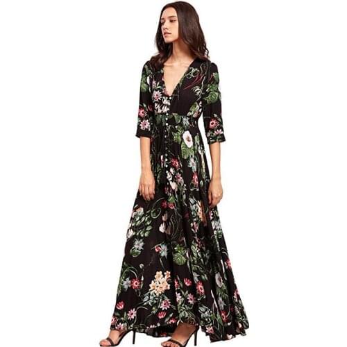 Vestido bohemio femenino, cuello en V con estampado de flores de verano, manga corta / media, de una pieza para damas