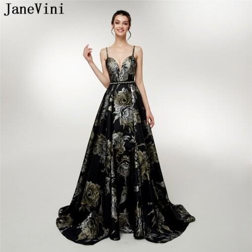 JaneVini 2018 Vintage A Line Floral Print Beaded Long Prom Dresses Spaghetti Straps Backless Satin Bridesmaid Dress Floor Length