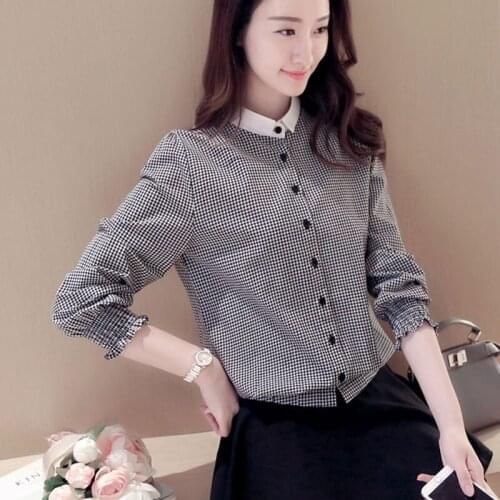 Women Spring Autumn Style Blouses Shirts Lady Casual Long Sleeve Stand Collar Plaid Blusas Tops DD2351
