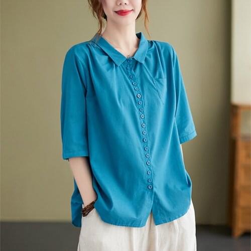 Women Summer Cotton Linen Casual Shirts New 2021 Vintage Style Solid Color Loose Comfortable Female Half Sleeve Tops B720