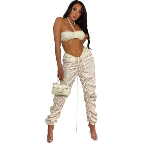 2021 new Women Drawstring Detail Solid color Casual Ruched Pants Chic Streetwear long Trousers