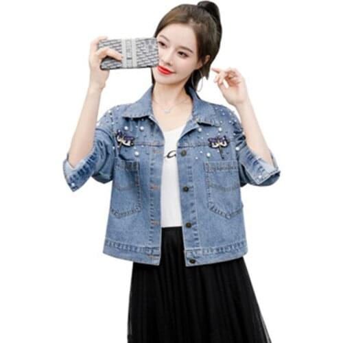 Women Denim Jackets Butterfly Embroidery Retro Jean Jackets Female Turn-down Collar Pocket Beading Short Outwear Coat 2020
