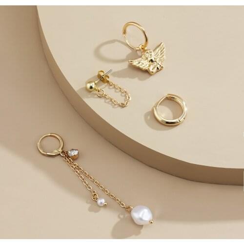 2021 Trendy New Butterfly Imitation Pearl Hanging Earrings for Women Vintage Long Hoop Earrings Set Clips on Ears Accessories