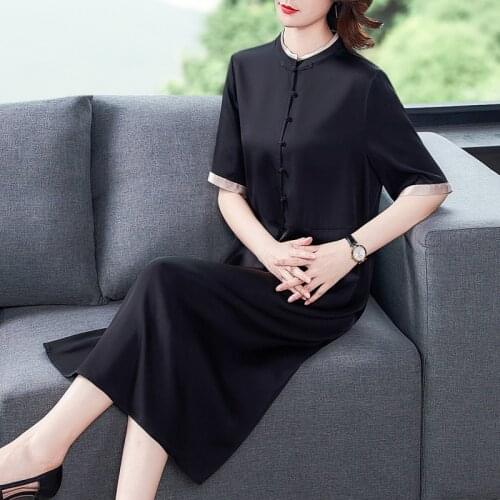 Women Elegant Black Mulberry Silk Vintage Sundress 2021 Summer New Casual Loose 4XL Plus Size Midi Dress Bodycon Party Vestidos
