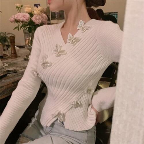 2021 New V Neck Pullover Elegant Bow Design Slim Fit Knit Sweater Women Long Sleeve Pit Pull Femme Winter New Outwear Sueter