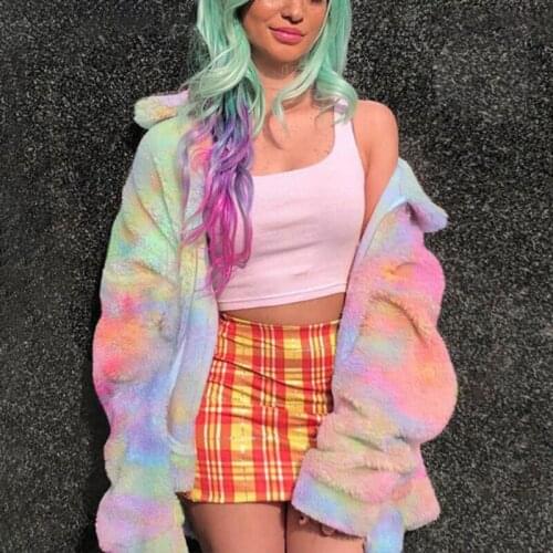 Women Casual Zipper Coat Winter New Street Shooting Rainbow Fur Zipper Stand-up Collar Jacket Loose Outer Long-sleeved Top New