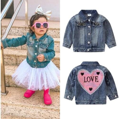 2020 Newborn Infant Baby Girls Clothing Long Sleeve Single-breasted Denim Jacket Children Lapel Heart-Shapes Sequin Coat 1-5T