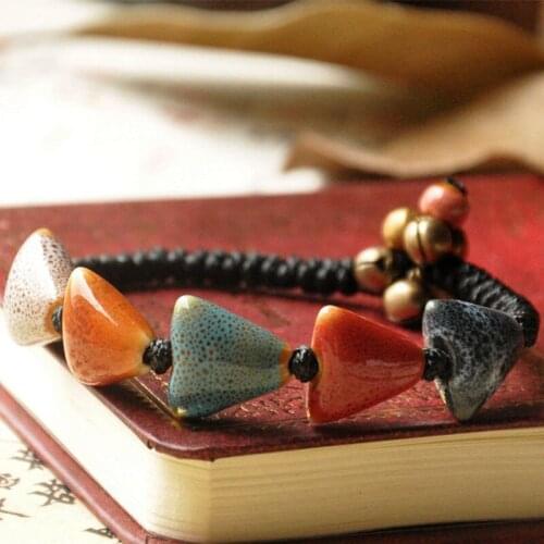 30 pieces/lot Heart Charm Bracelets Ceramic Beads Triangle Cuff Bangles Bell Chain Women Men Weave Rope Wristbands Jewelry