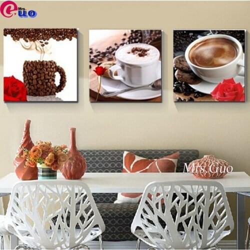 5d Diamond Painting Home Decor 3 Pieces Coffee Cup Pictures Diamond Embroidery Modular Coffee Bean Flower Restaurant Room Art