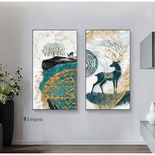 Modern Abstract Gold Foil Animals Poster Elk Landscape Wall Art Canvas Painting Print Decor Picture for Living Room Bedroom