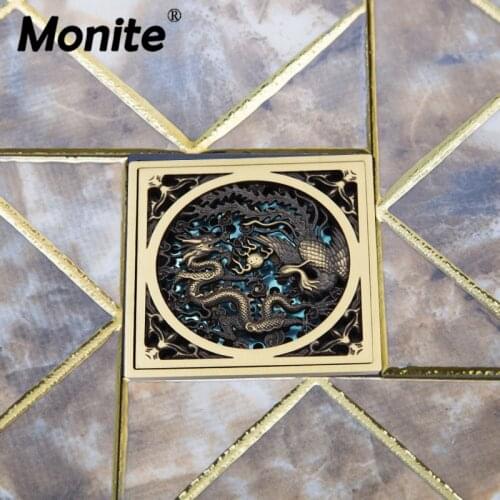 Monite Dragon Antique Brass Floor Drain Bathroom Floor Register Waste Water Drain Chinese Style Geometry Art Floor Drain