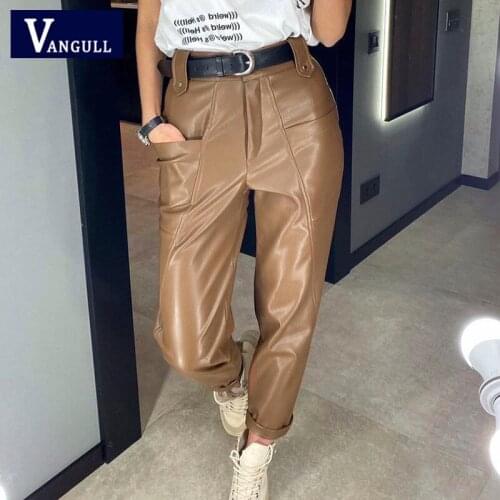 Vangull Faux Leather Harem Pants Women Spring Autumn PU High Waist Big Pockets Slim Casual Streetwear Female Fashion Trousers