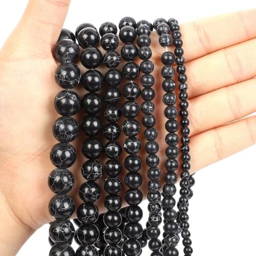 Natural Stone Beads Black Line Pine Stone Round Loose Beads for Jewelry Making Needlework DIY Bracelet Strand 4-12 MM