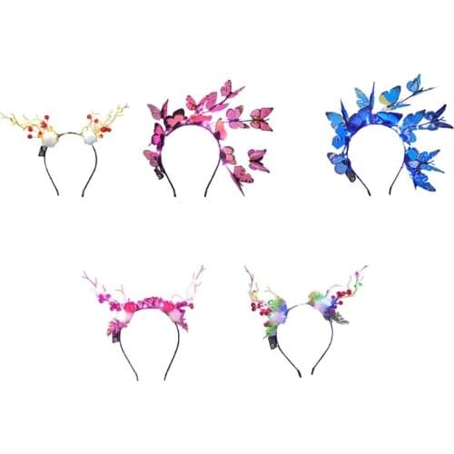 Butterfly Flower Crown with LED Lights Deer Antlers Headbands Reindeer Headdress Floral Holiday Wedding Photo Props