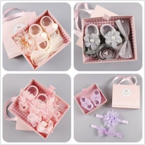 One Baby Socks+2 Bow Hair Bands Set for 0-2T Baby Girls Cotton Soft Toddler Gift Baby Christmas Gift With Gift Box