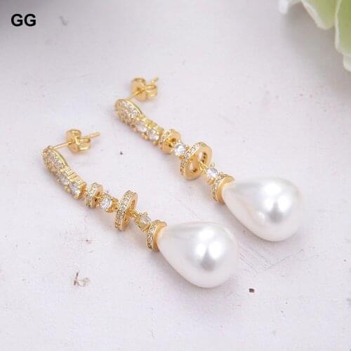 GuaiGuai Jewelry Teardrop White Sea Shell Pearl Gold Color Plated Earrings