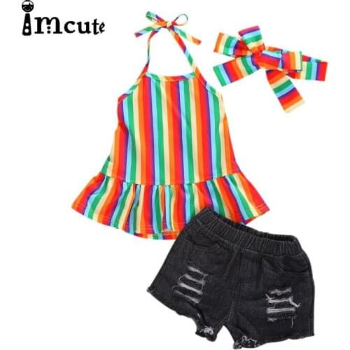Imcute 2020 princess clothing summer Rainbow Striped tops vest ruched flower Hole Shorts toddler kids girl clothes set 2pcs 0-5T
