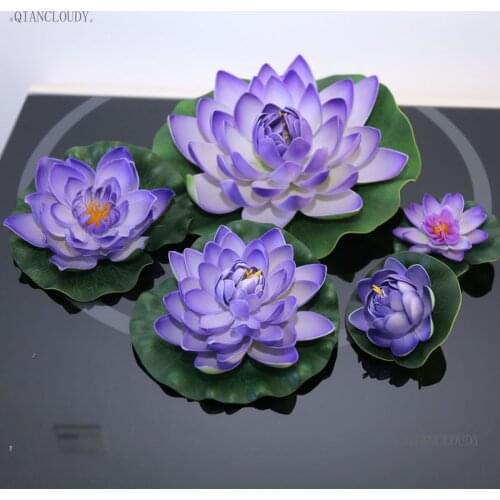 Purple Artificial fake Simulation Lotus Leaves flowers Heads Water pond Garden home Lily Floating Fish Tank Pond Wedding D24