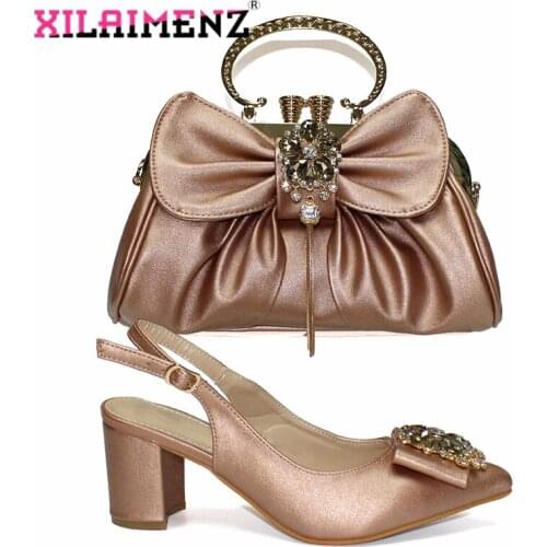 Champagne Color Pointed Toe Shoes and Bag Set with Shinning Crystal Comfortable Heels Italian Shoes Matching Bag for Garden Part