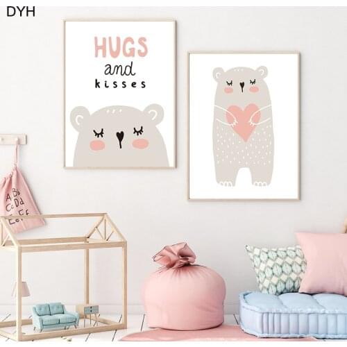 Lovely Bear Red Heart Nursery Poster Hugs And Kisses Letter Wall Art Picture Print Canvas Painting Baby Girl Room Decoration