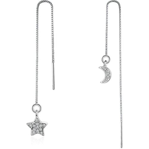 Trendy Asymmetry Silver Earrings Women Jewelry quality Moon Star CZ Zircon Long Tassel Chain Drop Earring Ear Line