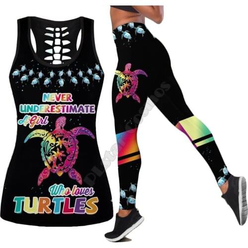 Sea turtle Polynesian 3D Printed Hollow Out Tank Legging Suit sexy Yoga Fitness Soft Legging Summer Women For Girl 24