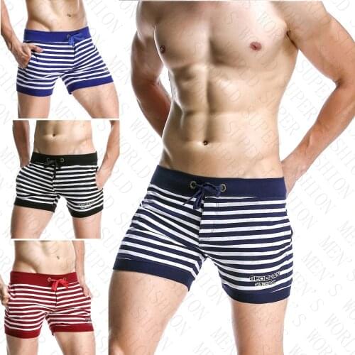 SEOBEAN MENS Cotton Shorts Striped Casual Trunks Side pockets jogger shorts Man Gym wear Stretch short cortos hombres workout