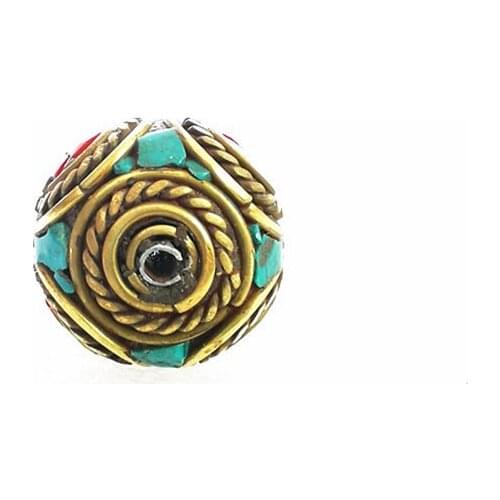 Nepalese Hand Ball Flower Bead Brass Inlay Colorful Stone Round Drum Beads