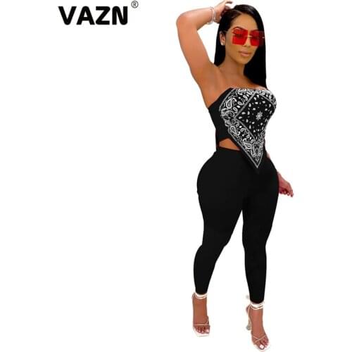 VAZN 2020 Autumn Summer New Arrival Sexy Club Joker Open Special Young Solid Strapless Group Long Pants Slim Women 2 Piece Set