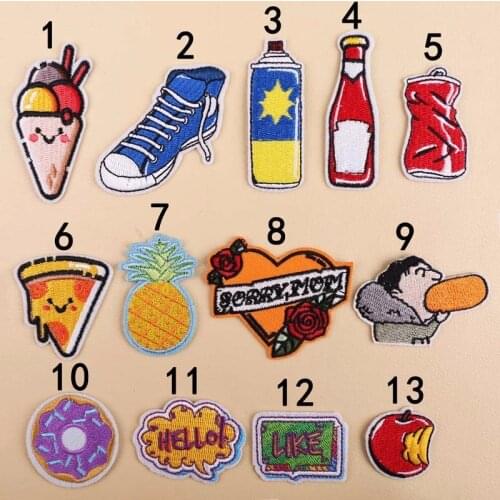 PGY 1PCS Cartoon Cans Doughnut Apple Patches Embroidery Iron on Patches for Clothing DIY Ice cream Foods Stickers Appliques