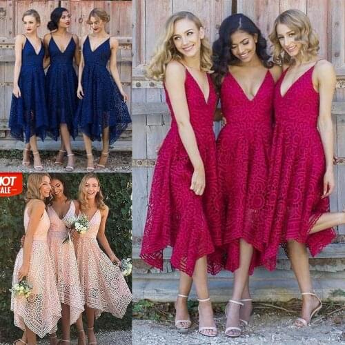 Bridesmaid Dresses 2019 A-Line Spaghetti Straps Asymmetrical Lace Honor of Maid Gowns Burgundy Navy Blue Wedding Party Dress
