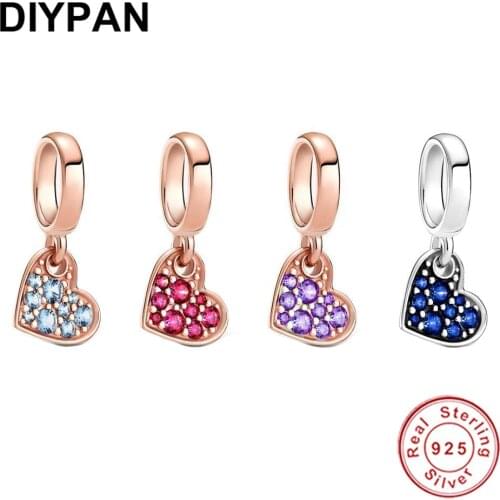 Fit Original Pandora Bracelet Charms 925 Sterling Silver Pave Tilted Heart Dangle Charm Pendant Berloque Silver Jewelry