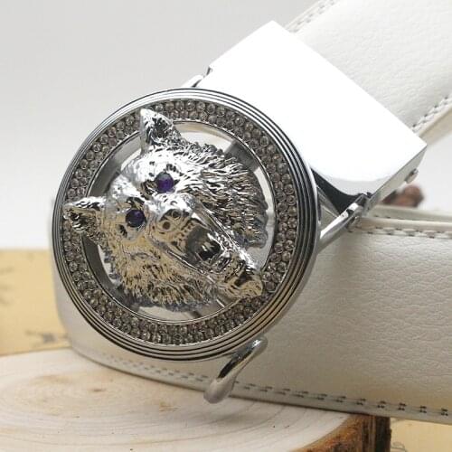 ZAYG Mens Luxury Belt Automatic Buckle Diamond Wolf Head Belt All-Match White Black Red Leisure Business Belt Animal The Beast