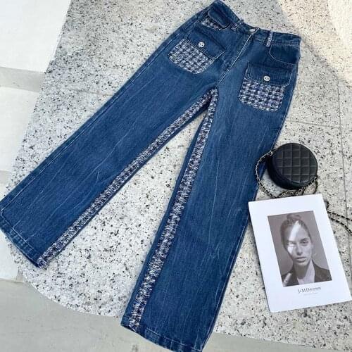 Blue Patchwork Cotton Jeans Women Full Lenth Loose Design Zipper Fly Pants Wide Leg High Street Fashion Female