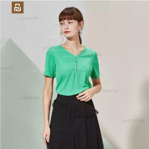 Xiaomi Gentle and sweet V-neck short-sleeved T-shirt ladies all-match short-sleeved fashion slim short-sleeved