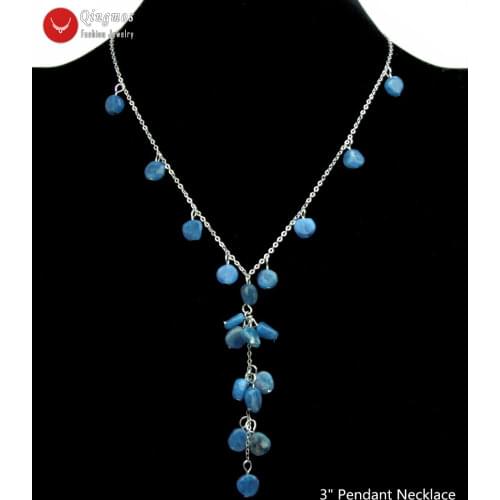 Qingmos Trendy Blue Natural Stone Pendant Necklace for Women with Baroque 9-10mm Apatite Stone Necklace Jewelry Choker17'' n6544
