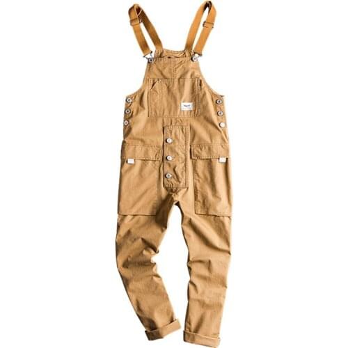 2021 Spring Overalls Mens Bib Jumpsuits Cotton Big Pocket Straight Loose Casual Pants Clothing Hip Hop Khaki Yellow Trousers