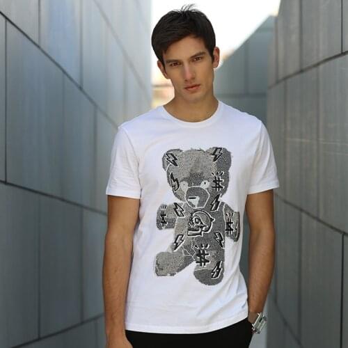 AlexPlein Teddy Bear Rhinestones Crystal Men Clothing Shorts Cartoon 2021 Summer Casual Steetwear 100% Cotton Round Neck T Shirt