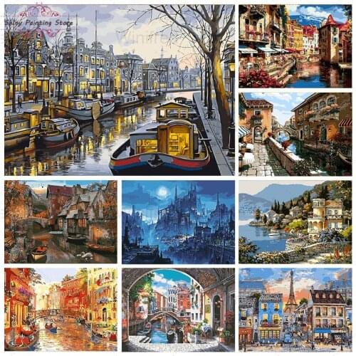 5D DIY Diamond Painting Full Square Round Drill Small Town Street Landscape Diamond Embroidery Handicraft Gift Wall Decoration