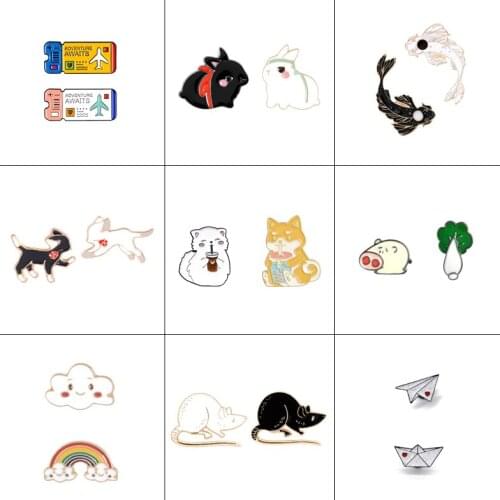 Cartoon cute couple good friend brooch suit animal rabbit fish cat dog pig cloud plane ticket pin alloy badge woman jewelry gift