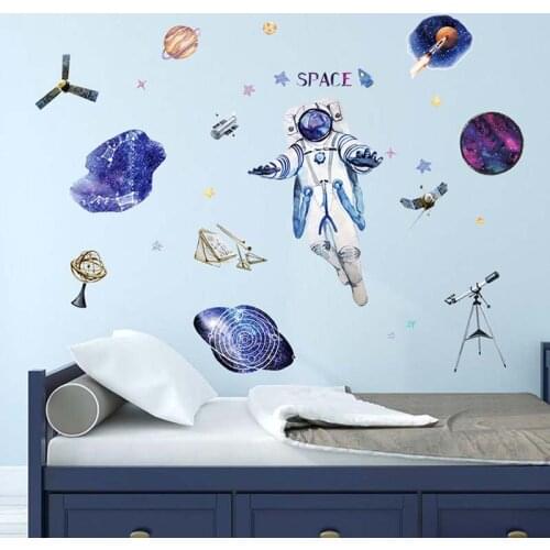DIY Bule Space Astronaut Satellite Wall Stickers for Childrens Room Bedroom Kindergarten Boy Wall Decoration PVC Home Decor
