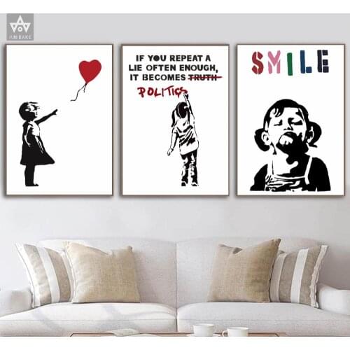 Graffiti Street Art Print Girl With Balloon Woamn Canvas SMILE Girl Painting Banksys Painting Nordic Wall Art Poster Living Room