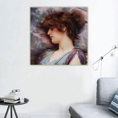 Citon John William Godward《Far Away Thoughts》Canvas Oil Painting Artwork Poster Picture Wall Decor Home Living room Decoration