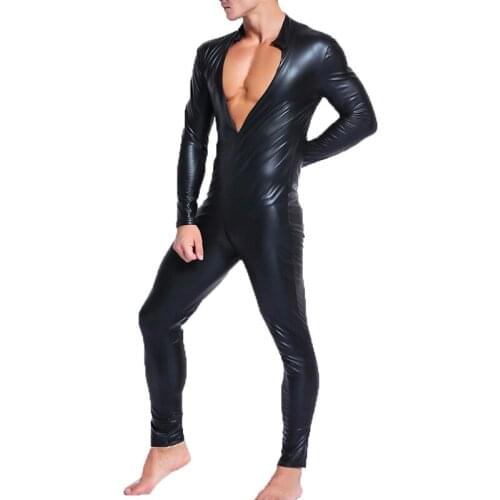 Men Wetlook Faux Leather Bodysuits PVC Latex Catsuit Sexy Hot Erotic Lingerie Gay Fetish Clubwear Zipper Open Crotch Jumpsuits