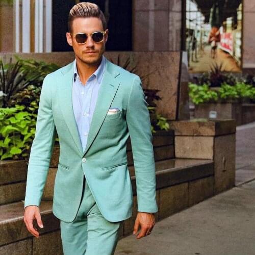 Popular Mint Green Mens Suits Slim Fit Two Pieces Groomsmen Wedding Tuxedos For Men Peaked Lapel Formal Prom Suit (Jacket+Pant)