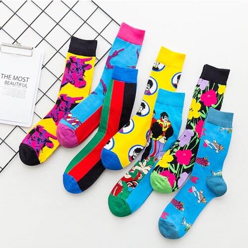 Men Cotton Socks Animals Bird Fish Ox Flower Strips Happy Funny Socks Colorful Soft Adult Casual Cool Crew Socks Autumn Winter